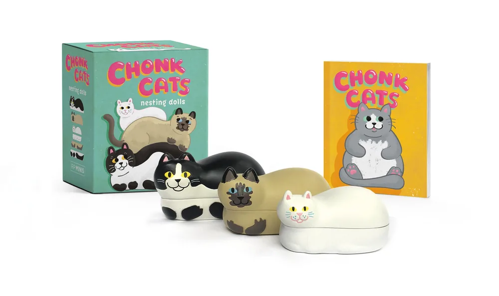 Three Chonk Cats nesting figures with their illustrated booklet and green retail box