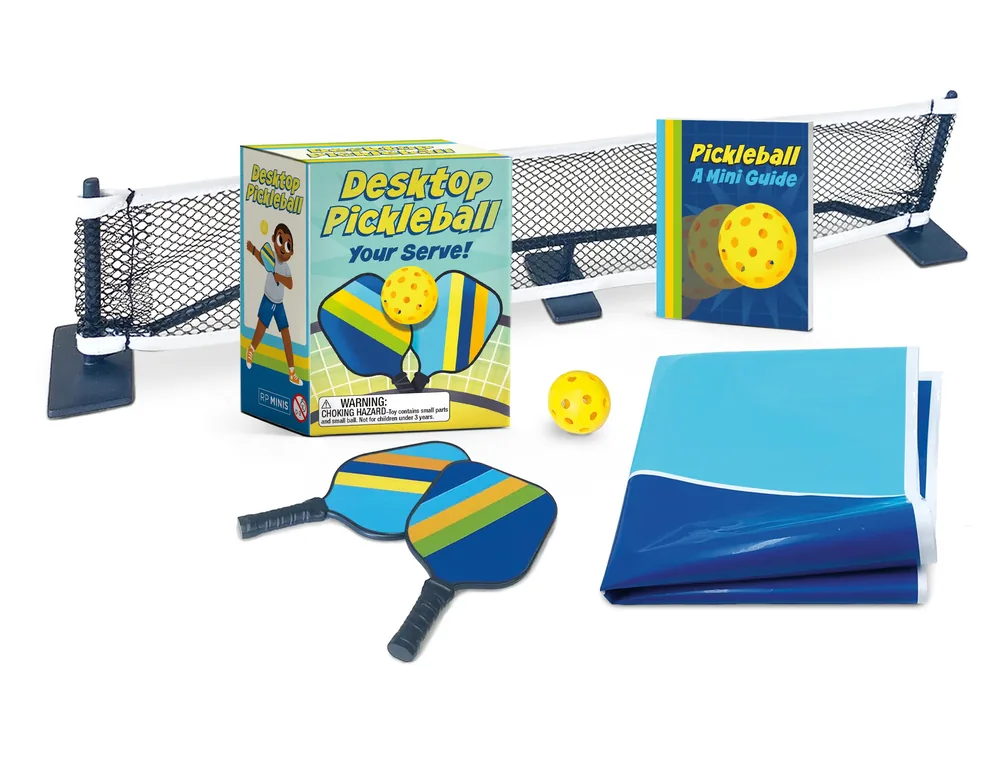 Desktop Pickleball miniature net, paddles, ball, folded mat, booklet and packaging