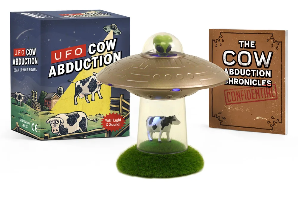 UFO Cow Abduction miniature saucer, cow scene, booklet and retail packaging