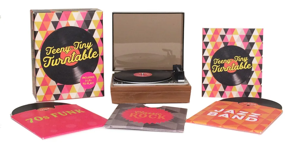 Teeny-Tiny Turntable with three miniature records, sleeves, booklet and patterned packaging