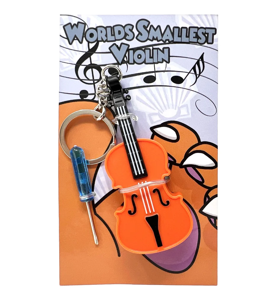 MunnyGrubbers miniature violin keychain in retail packaging
