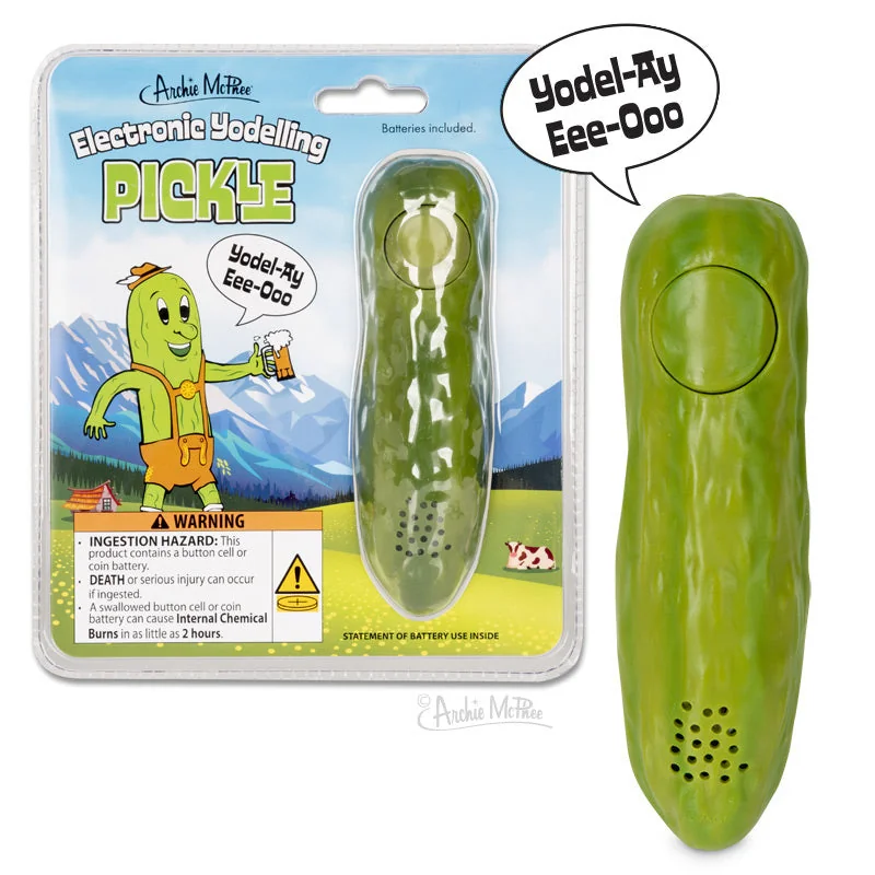 Archie McPhee electronic Yodelling Pickle and its packaging