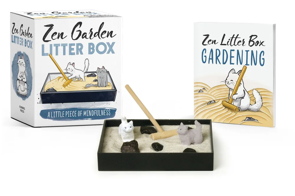 Zen Garden Litter Box miniature sand tray, cats, scoop, booklet and packaging